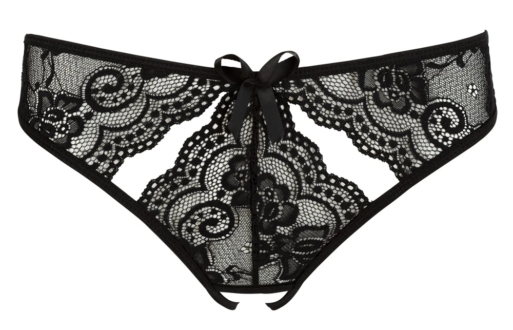 Romantischer Slip aus floraler Spitze mit einladend offenem Schritt in schwarz.