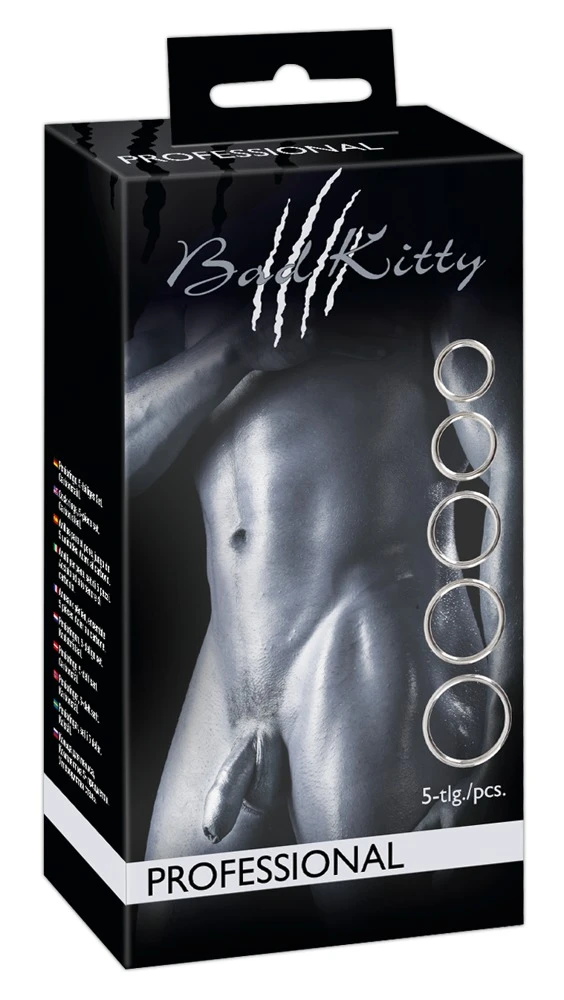 5-teiliges Penis-/Hodenring-Set Professional von Bad Kitty für eine starke männliche Performance mit aufregender Optik.