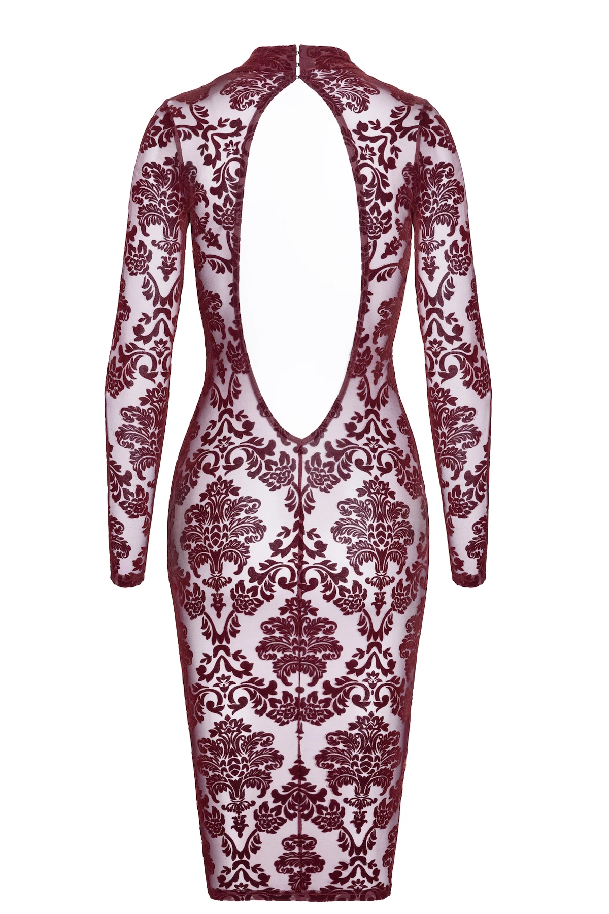 F384 halblanges Flockkleid Kinky Royal aus weichem elastischem Tüll mit floraler Flockstickerei, tiefem Rückenausschnitt und Hakenverschluss am Kragen – knielanges Design, das deine Kurven betont – von Noir Handmade