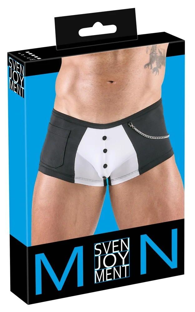 Svenjoyment Pants im sexy Service-Look: Schwarz-weiß mit Zierknöpfen, Tasche und abnehmbarer Karabinerkette Svenjoyment Pants im sexy Service-Look: Schwarz-weiß mit Zierknöpfen, Tasche und abnehmbarer Karabinerkette