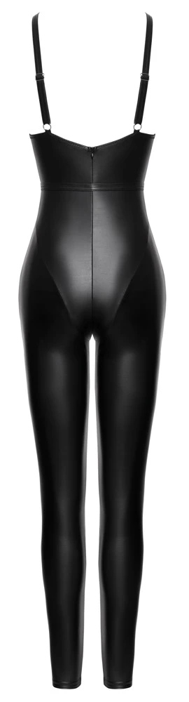 Cottelli Kinky Träger-Overall im schwarzen Mattlook mit abnehmbarem Brust-Harness, silberfarbenen Metall-Details, Soft-Cups mit Druckknöpfen und aufregendem 3-Wege-Reißverschluss durch den Schritt