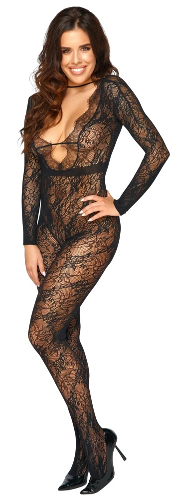 Fantasieanregender Langarm-Catsuit ouvert von Cottelli FANTASY in aufregender Spitzenoptik. Mit Fuß und verstärkter Zehenpartie.