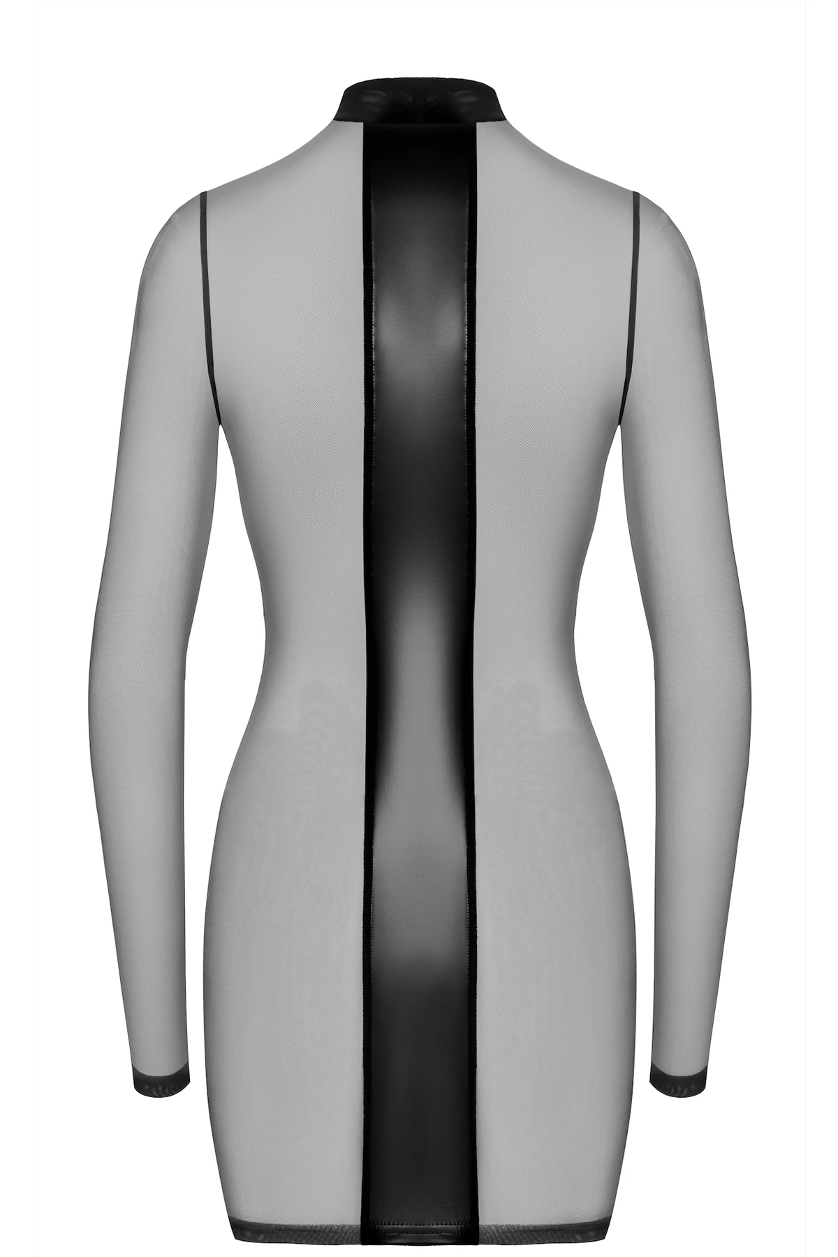 Crossfire Netz und Wetlook Kinky Minikleid F369 Noir Handmade aus elastischem Powerwetlook mit langen Ärmeln und markanten Kreuz- und Streifen-Details für einen provokanten Look