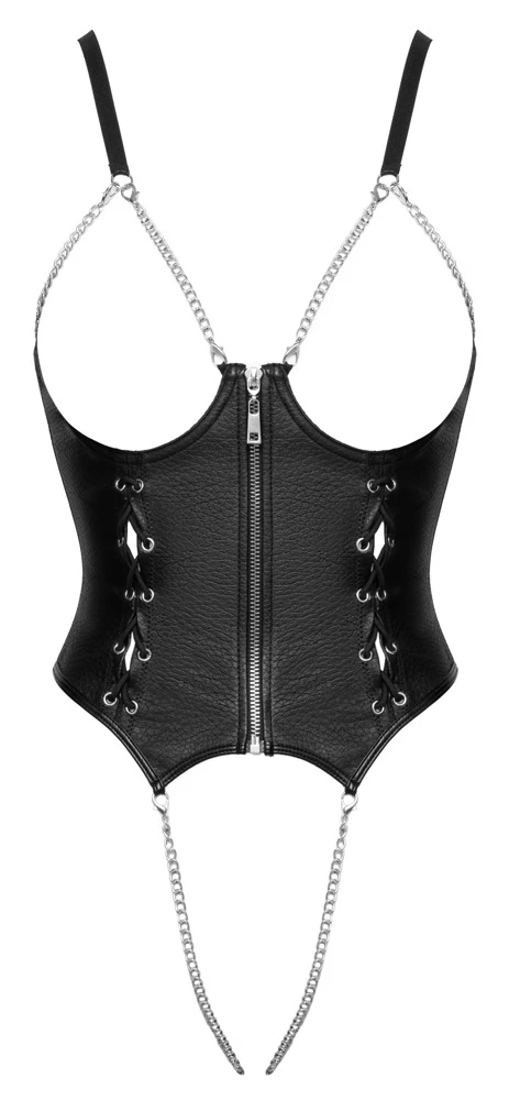 Busenfreier Body ouvert aus Lederimitat mit Reißverschluss, Frontschnürungen & Ketten – sexy & aufregend – Cottelli LINGERIE