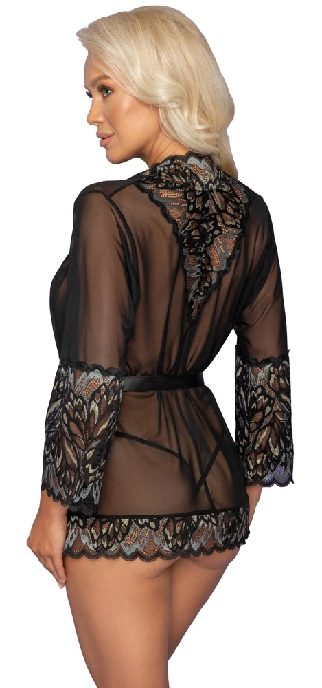 Tüll Kimono mit Spitze Elegant Kurzer Kimono aus eines Powernet im Mix mit Effektspitze schwarz