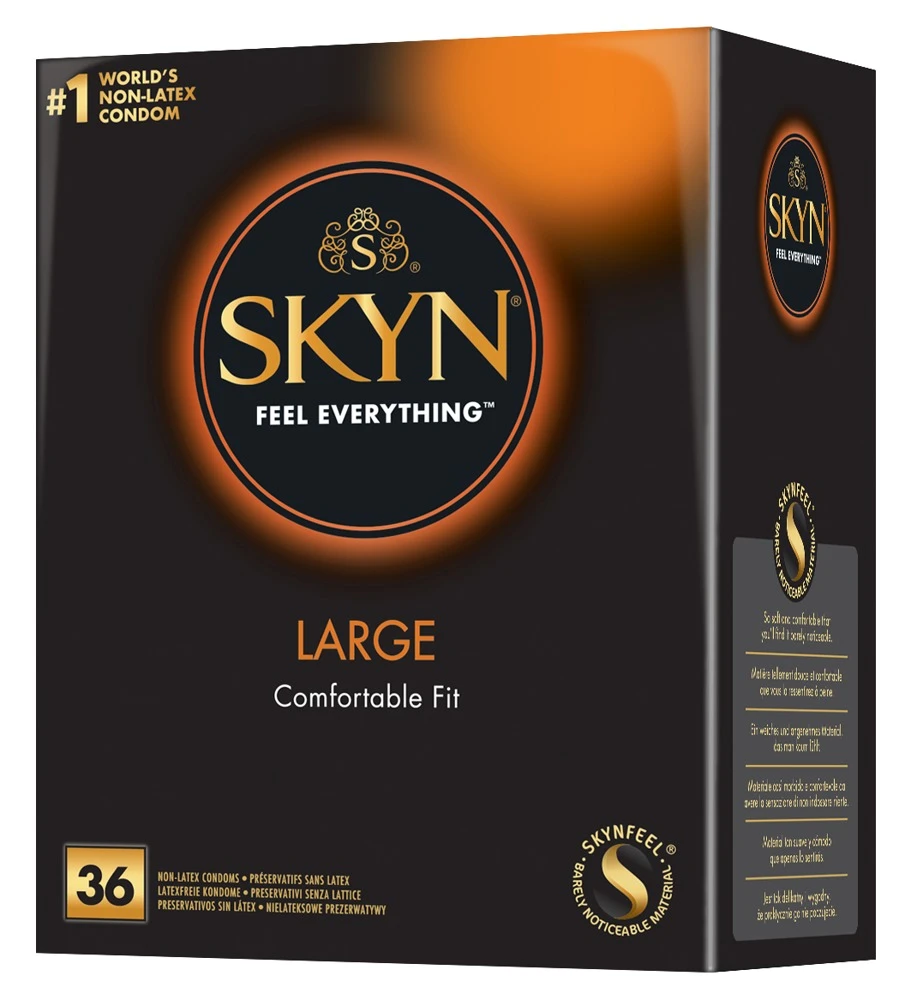 Transparente, latexfreie Kondome Manix SKYN Large mit Feuchtbeschichtung auf Silikonbasis und Reservoir.