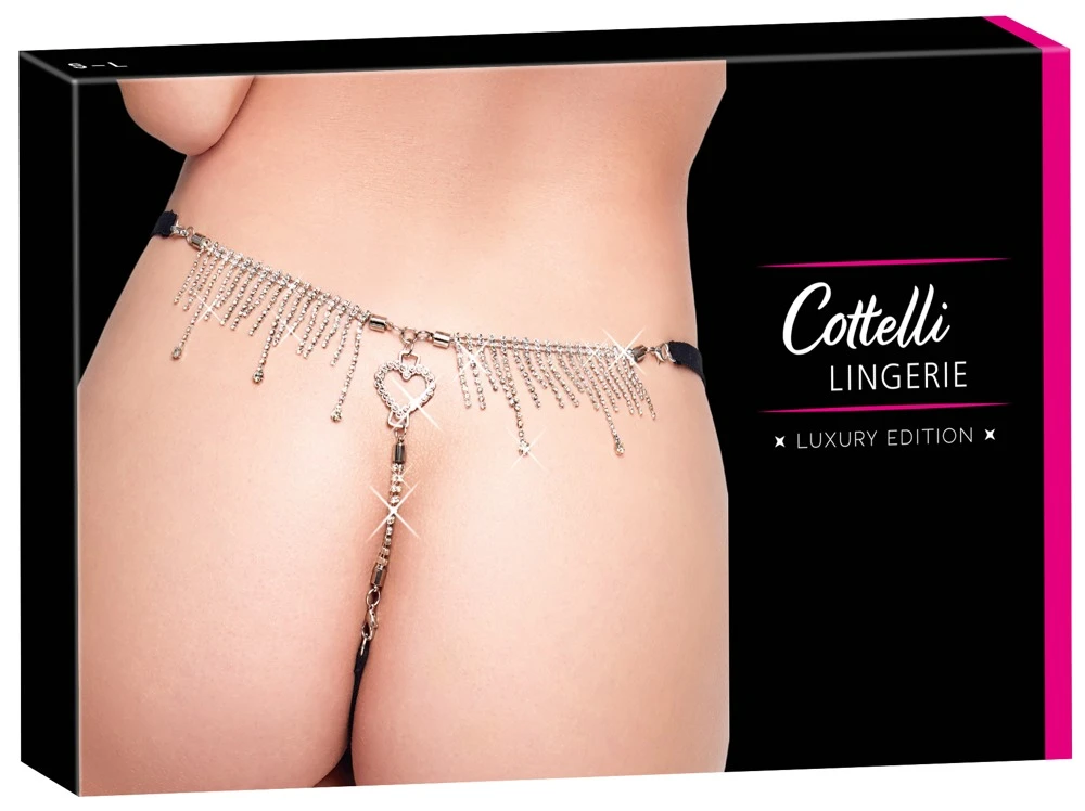 Sexy Dessous String mit Spitze vorne & abnehmbarem Strass-Schmuck hinten, verstellbar, schwarzer Luxus von Cottelli