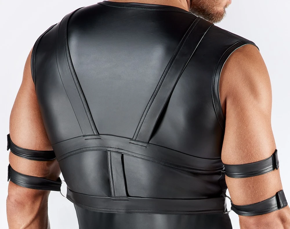 Svenjoyment BONDAGE Set: Ärmeloses Shirt mit transparentem Powernet und verstellbarem Brust-Harness samt sanften Fesseln