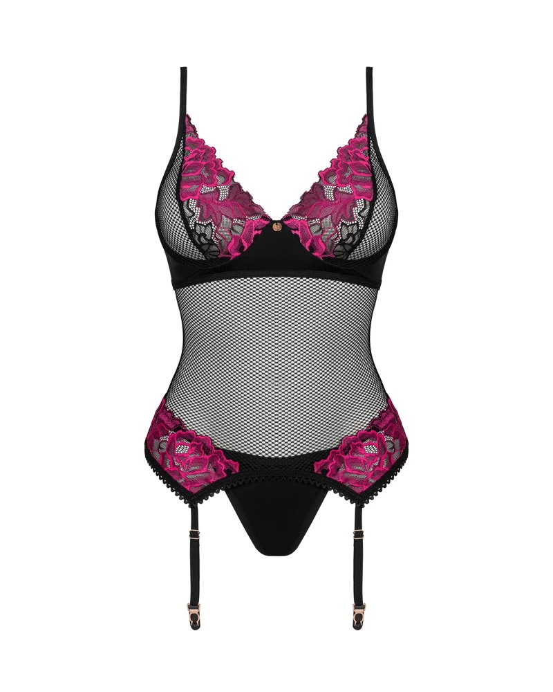 Obsessive Elegantes Set Rosenty mit Strapshemd und String. Weiches schwarzes Stretchnetz mit feiner pinkfarbener Rosenspitze an Dekolleté und Hüfte.