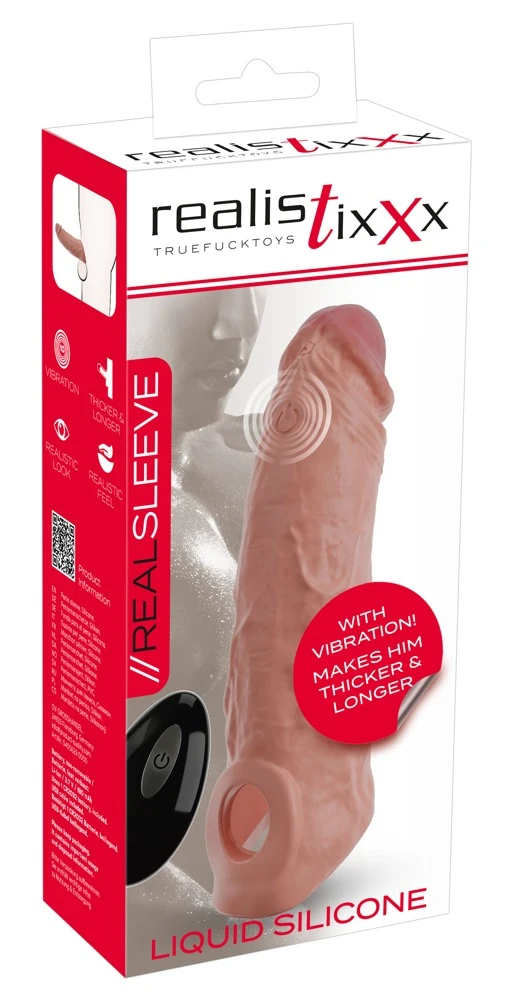 Realistixxx Vibrating Penis Sl Vibro-Penishülle mit Hodenring – verlängert um 6,5 cm, verdickt spürbar und liefert mit 10 starken Vibrationsmodi per Fernbedienung intensive Stimulation für heiße, tiefe Lustgefühle