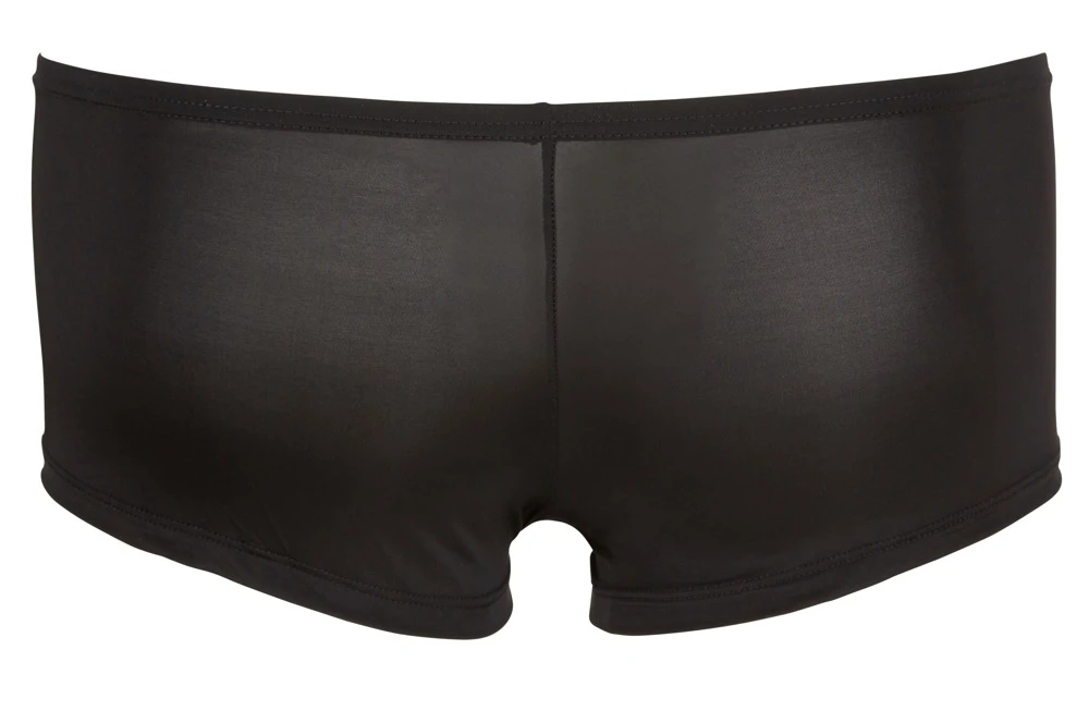 Leicht transparente, elastische Pants mit silberfarbener Druckknopfleiste und eingefasstem Bündchen in schwarz.