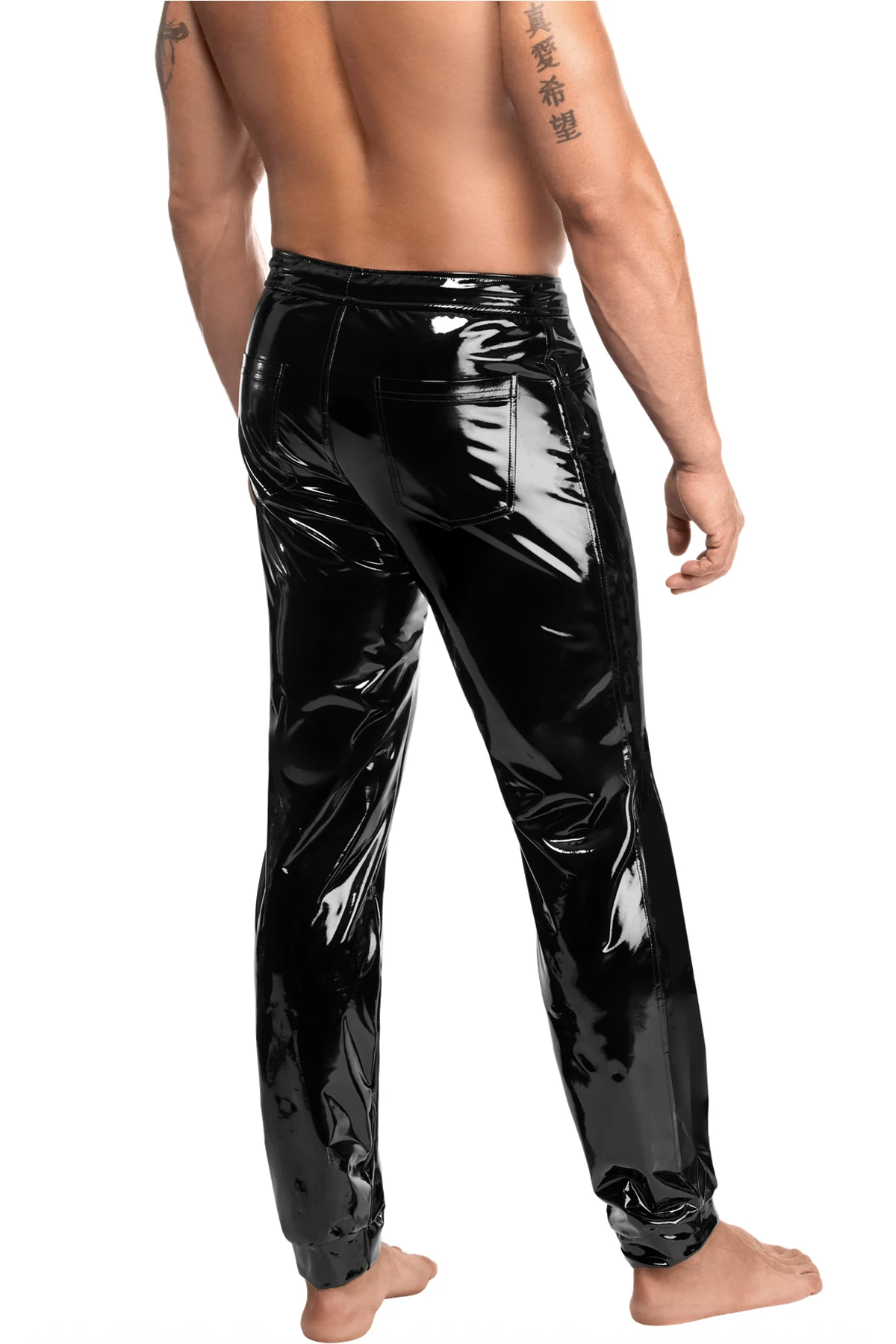 Schwarze Kinky Lack Hose Voltage H093 Herren – schmal geschnittene dehnbare Lackhose mit Front-Reißverschluss und Kordelzug von Noir Handmade Men