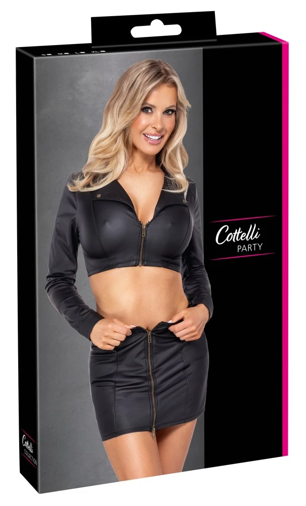 Cottelli PARTY Clubwear Set – kurzes Jacken-Top & Minirock im schwarzen Mattlook mit messingfarbenen Details, Reißverschlüssen & Ringen für einen sexy Party-Look