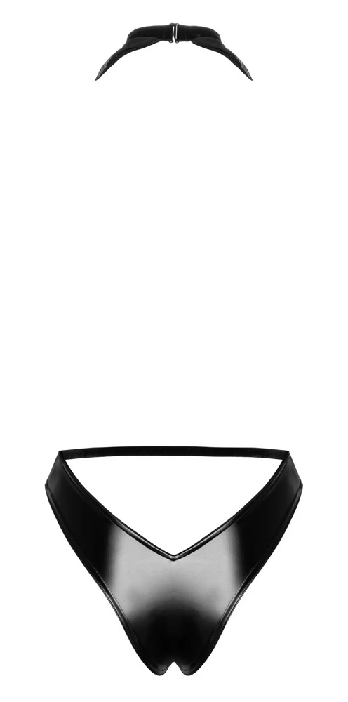 Noir Handmade Body aus Powerwetlook schimmerndem Powernet Oberteil, Perlenkette abnehmbar, Sexy Rückfrei