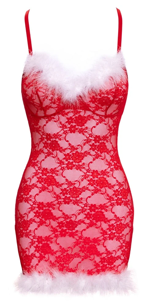Negligé X-Mas aus roter Spitze mit weißem Federbesatz von Cottelli LINGERIE hautnah anschmiegsam mit gekreuzten verstellbaren Trägern