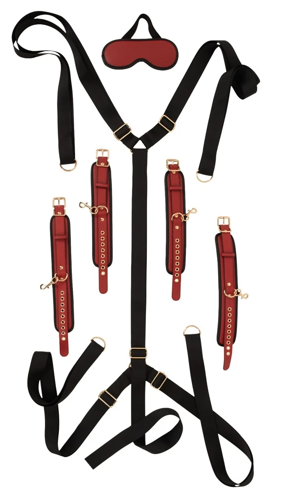 Bad Kitty Under Bed Restraint, Erotisches 6-teiliges Bettfessel-Set schwarz/rot Luxus Bondage Gurtkreuz 4-Punkt Fixierung mit Augenmaske verstellbar komfortabel