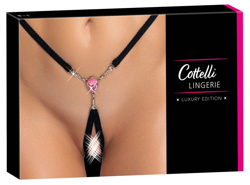Schmuckstring ouvert schwarz aus Stretchbändern mit rosa Schmuckstein und funkelnden Glitzerkettchen von Cottelli LINGERIE