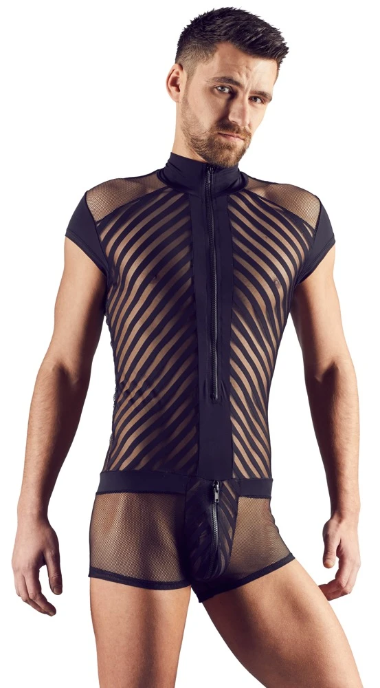 Herren Body von Svenjoyment im Materialmix aus zwei Netzarten und angesagter Streifenoptik in schwarz.
