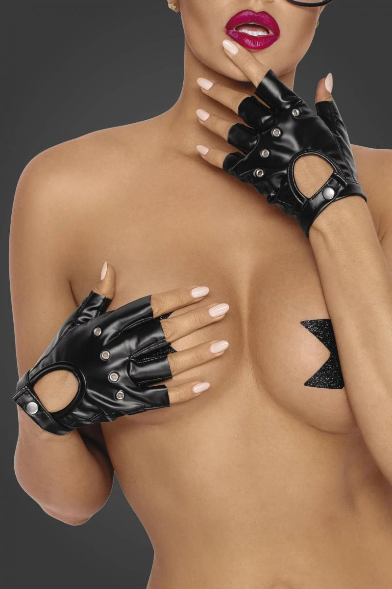 Fingerloser Powerwetlook-Handschuh F264 aus glänzendem Stretch-Material mit Druckknopf – stylisches Detail für heiße Outfits
