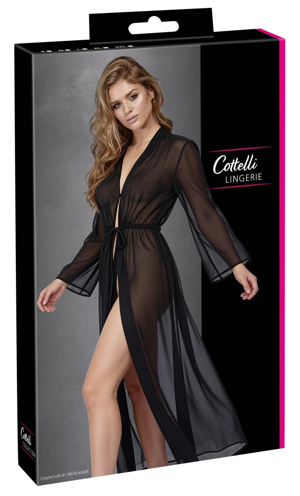 Langer Kimono aus schwarzem Chiffon von Cottelli LINGERIE – sinnlich transparent mit ausgestellten Ärmeln, Tunnelzug und edlem Bindegürtel