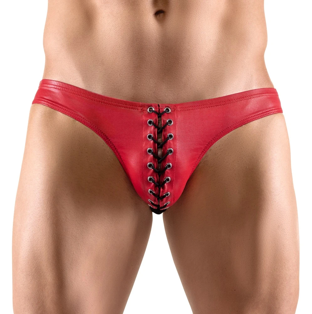 Super-Sitz-Slip von Svenjoyment im knallroten Glanz mit offener dekorativer Schnürung in Schwarz vorne.