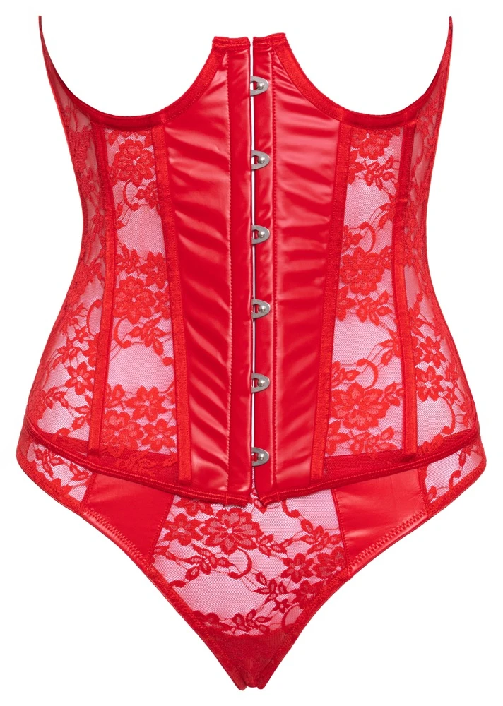 Cottelli LINGERIE Set busenfreie Corsage mit Wetlook & Spitze in Rot inkl. String mit Bügel-Cups, Formstäben, Hakenverschluss vorne und Satinband-Schnürung hinten sexy Reizwäsche Unterwäsche