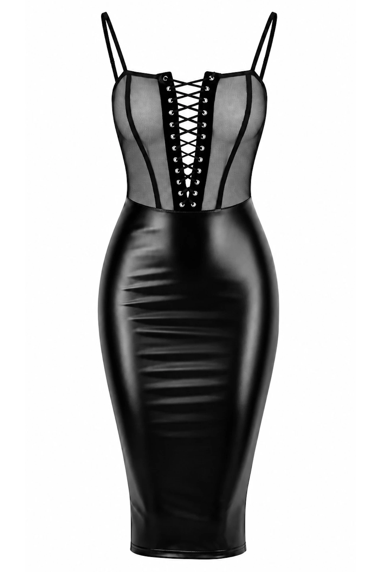 Midikleid Kinky aus Tüll und Powerwetlook - Noir Handmade F408 Do Not Disturb - sexy in Schwarz mit Schnürdetails und dünnen Trägern