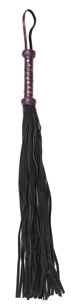 Bad Kitty Peitsche, Bad Kitty Flogger mit weichen Veloursleder-Riemen, tiefrotem Griff und goldfarbenen Nieten – stilvolles Toy für sinnliche Dominanz