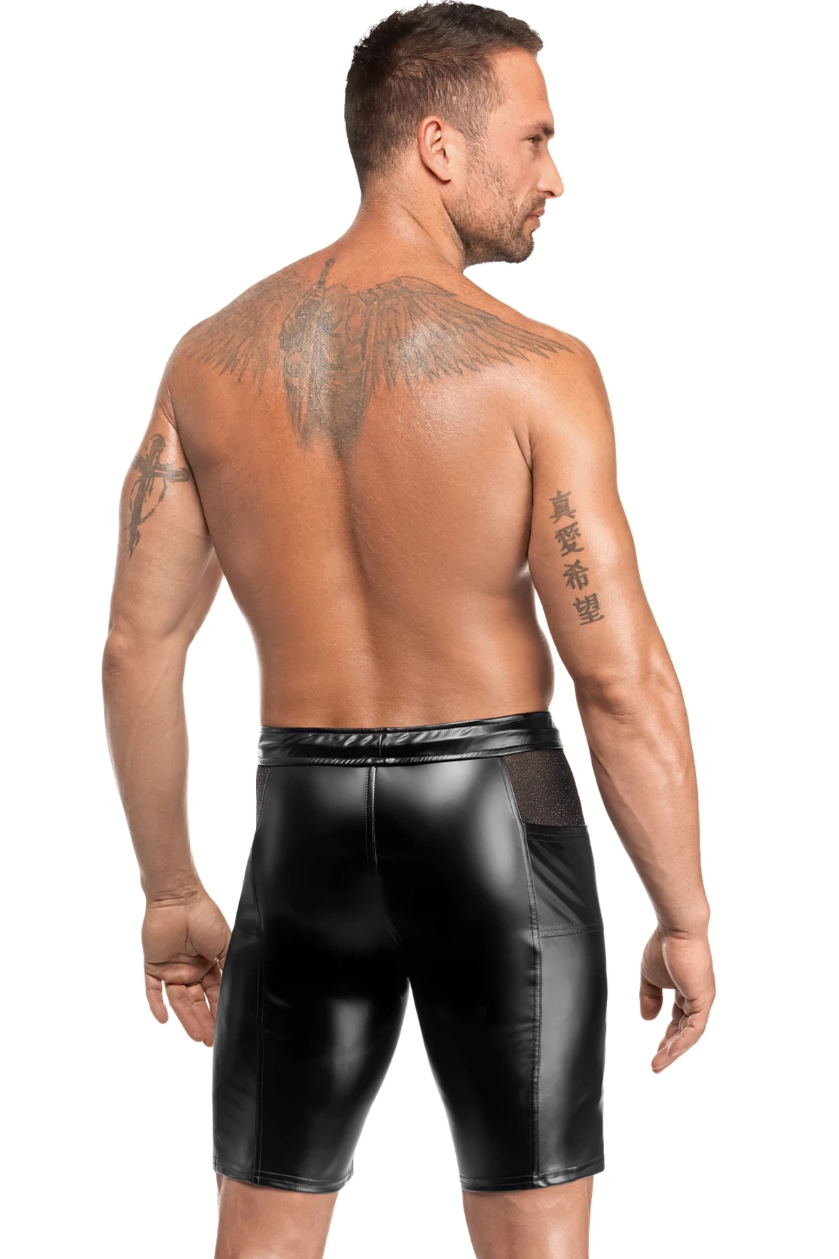 Schwarze Herren Kinky Shorts Onyx Hybrid H089 aus Powerwetlook mit Mesh-Einsätzen, seitlichen Taschen, Reißverschluss vorne, elastischem Bund und Kordelzug für figurbetonten Sitz von Noir Handmade Men