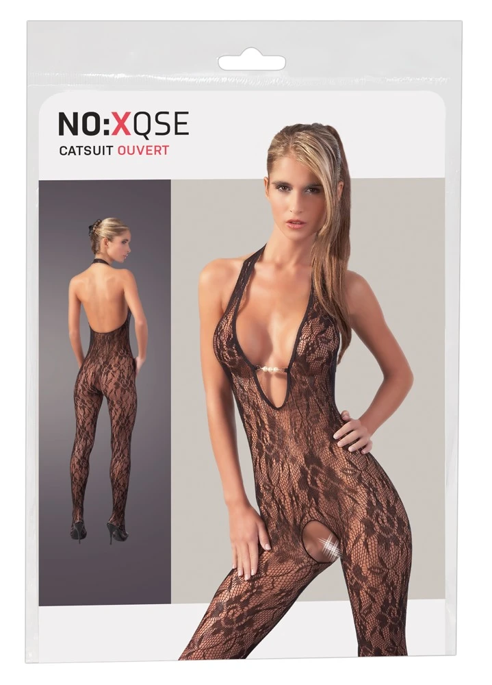 Schwarzer Catsuit aus filigran gearbeitetem Netz, mit Neckholder und drei Perlen am Dekolleté.