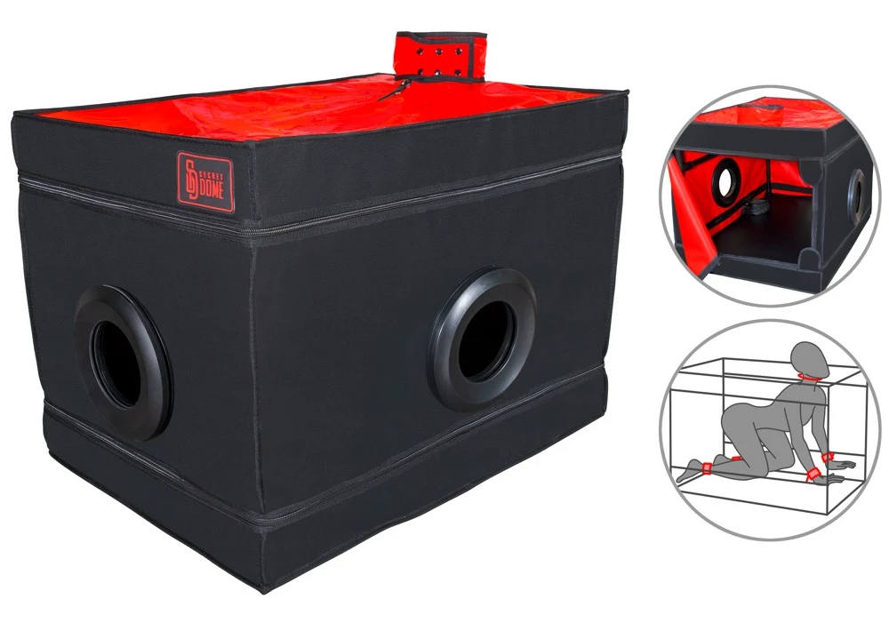 La Niche - Black&Red, Für Rollenspiele gebaut: Geschlossene BDSM-Kabine mit Fesseln, 3 Öffnungen, Halsmanschette und LED-Licht – einfach aufbauen!