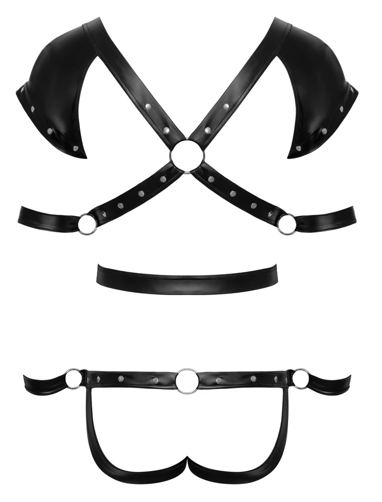 Body mit 4 Fesseln im Set von Svenjoyment BONDAGE. Edler schwarzer, nietenverzierter Mattlook in Harness-Optik mit kleinem Arm.