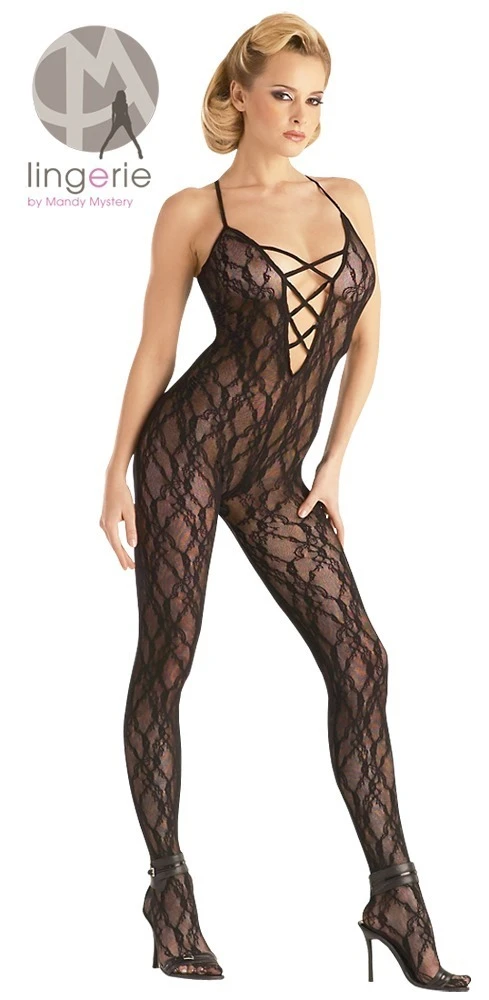 Catsuit aus weicher Effekt-Spitze mit tiefem Stretchband-Dekolleté in Schnüroptik.