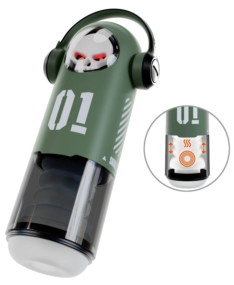 Rebel Skull Masturbator 3, Rebel SKULL Masturbator mit 3 Funktionen in cooler Totenkopf-Optik, rot leuchtenden Augen, Wärme-, Vibrations- und Stoßfunktion für intensives Solo-Vergnügen