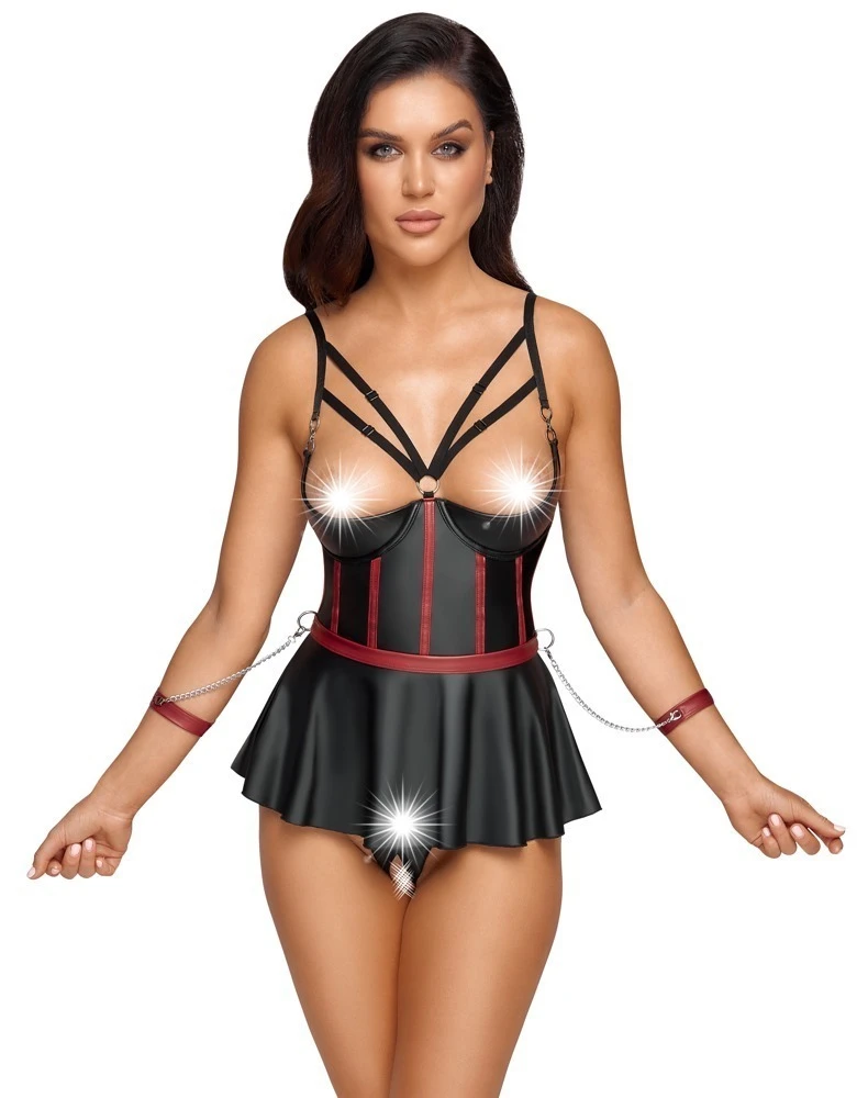 Cottelli Bondage Ouvert Set Longline Hebe mit Bügel Cups String ouvert Armfesseln im schwarzen Mattlook mit Volant
