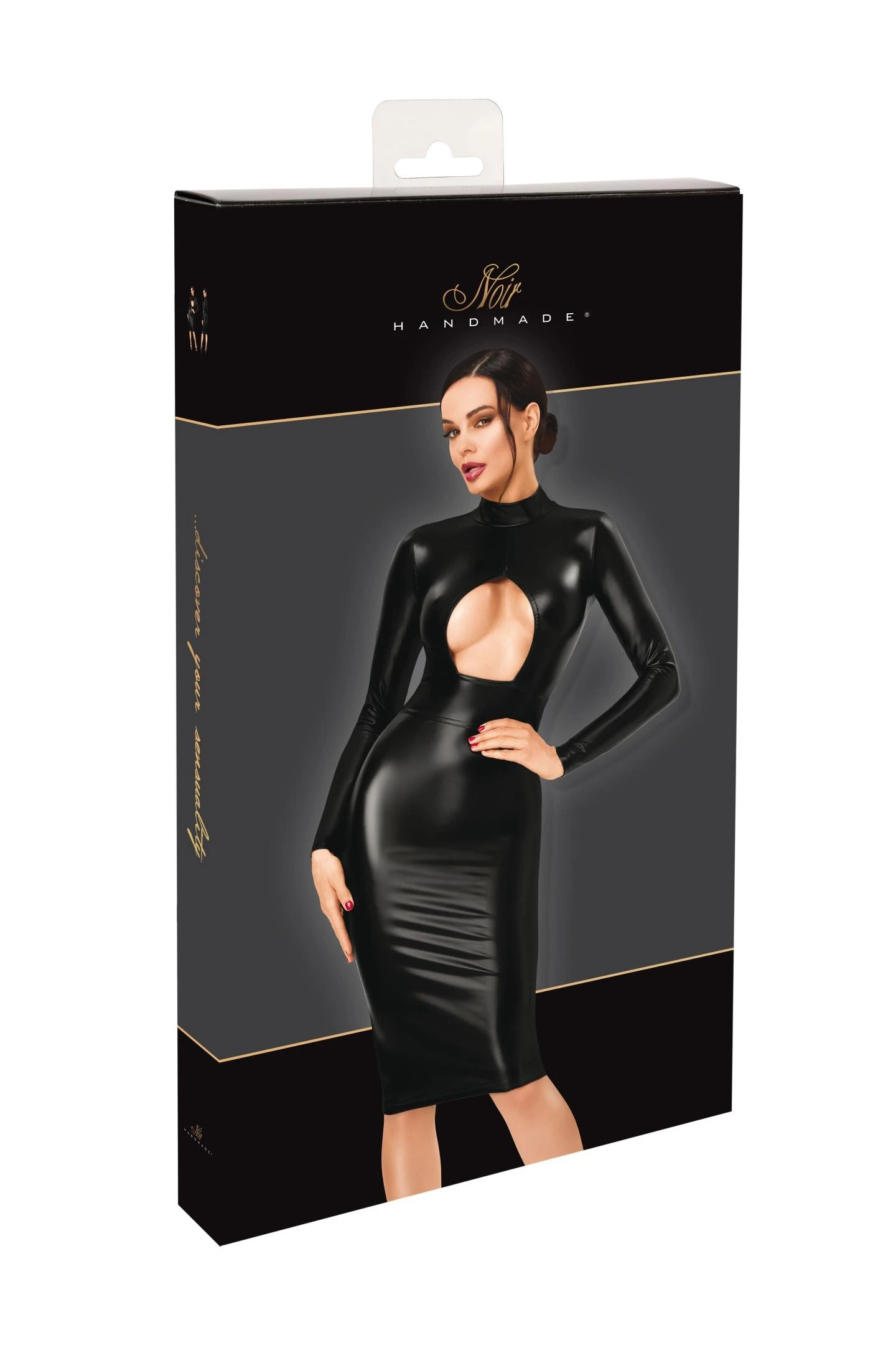Kinky Midikleid aus Powerwetlook mit Brust-Cut-out - Noir Handmade F401 Dark Affair - sexy in Schwarz mit Stehkragen und langen Ärmeln