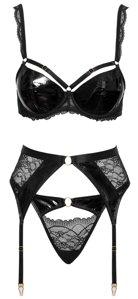 Sexy Dessous Reizwäsche Set von Cottelli LINGERIE mit Bügel-BH, Strapsgürtel und String aus Spitze und Lack in Schwarz mit goldfarbenen Details und verstellbaren Riemchen
