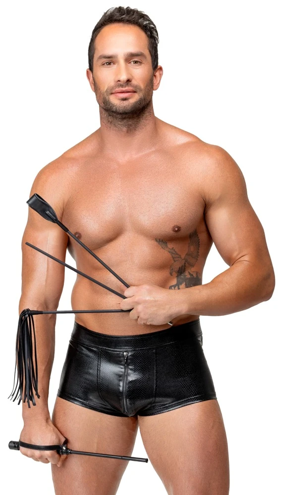 Bad Kitty Crop Set, Flogger,Ca, 4-teiliges schwarzes Spanking Peitschen-Set mit langem Griff und 3 austauschbaren Aufsätzen Flogger Gerte Rohrstock ultraleicht handlich präzise Kontrolle dank rutschfestem Riffelgriff