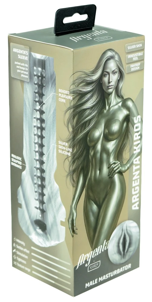 Feel Argenta Kiros, Silver Cyborg Argenta Masturbator in realistischer Vagina-Optik mit hautähnlichem Silver Skin Softmaterial, intensiver Noppenstruktur und diskretem Gehäuse für kraftvolle erotische Stimulation im futuristischen Style
