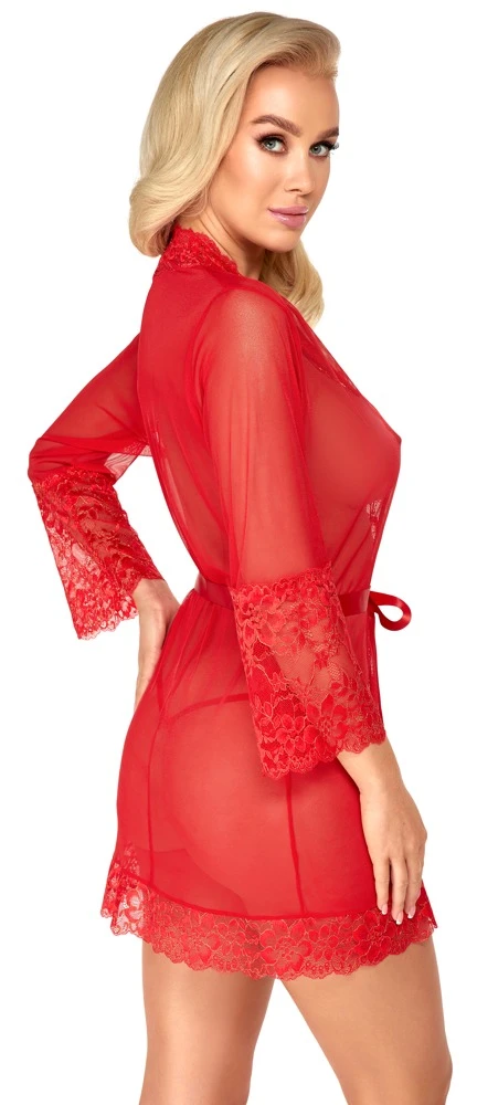 Tüll Kimono mit Spitze Elegant Kurzer Kimono aus eines Powernet im Mix mit Effektspitze rot