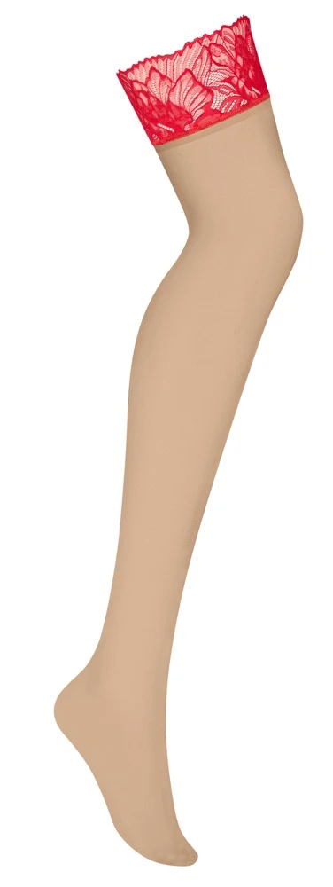 Nudefarbene Straps-Strümpfe Matildea mit rotem Spitzenabschluss für einen sinnlich raffinierten Look von Obsessive