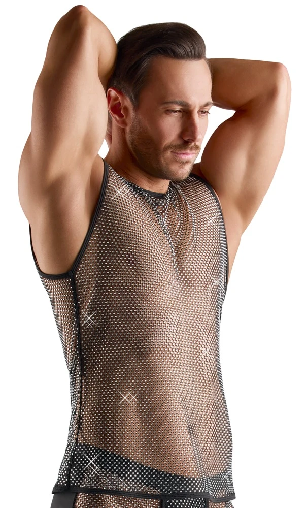 Provokantes Herren-Netzshirt in transparenter Schwarz-Optik mit funkelnden Glitzersteinchen und sinnlichem Wetlook-Flair von Svenjoyment