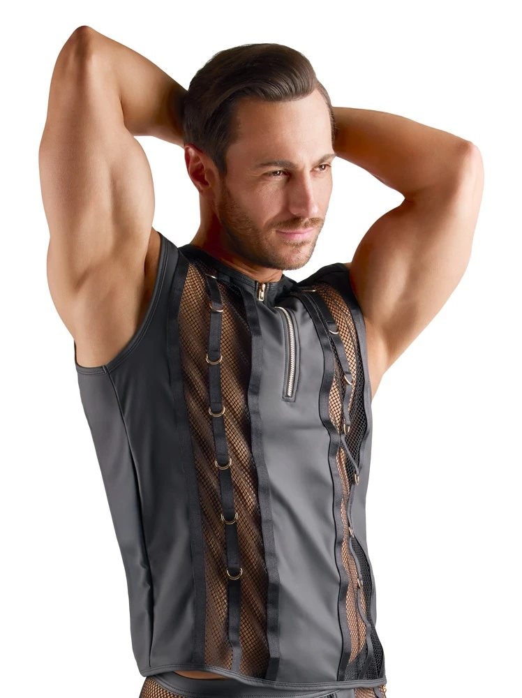 Sexy Netz-Shirt Herren schwarz mit Wetlook Mix und Reißverschluss vorne, elastisch mit auffälligen Ringen und körperbetonter Passform von Svenjoyment