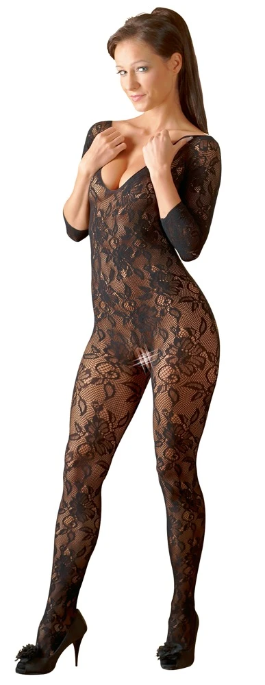 Wunderschöner Catsuit in schwarzer Blütenspitze-Optik mit 3/4-Arm, langem Bein und Fuß. Hinten mit eingewebter Schnürung.