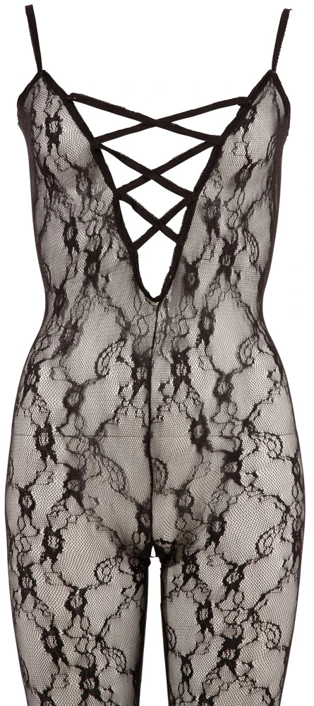 Catsuit aus weicher Effekt-Spitze mit tiefem Stretchband-Dekolleté in Schnüroptik.