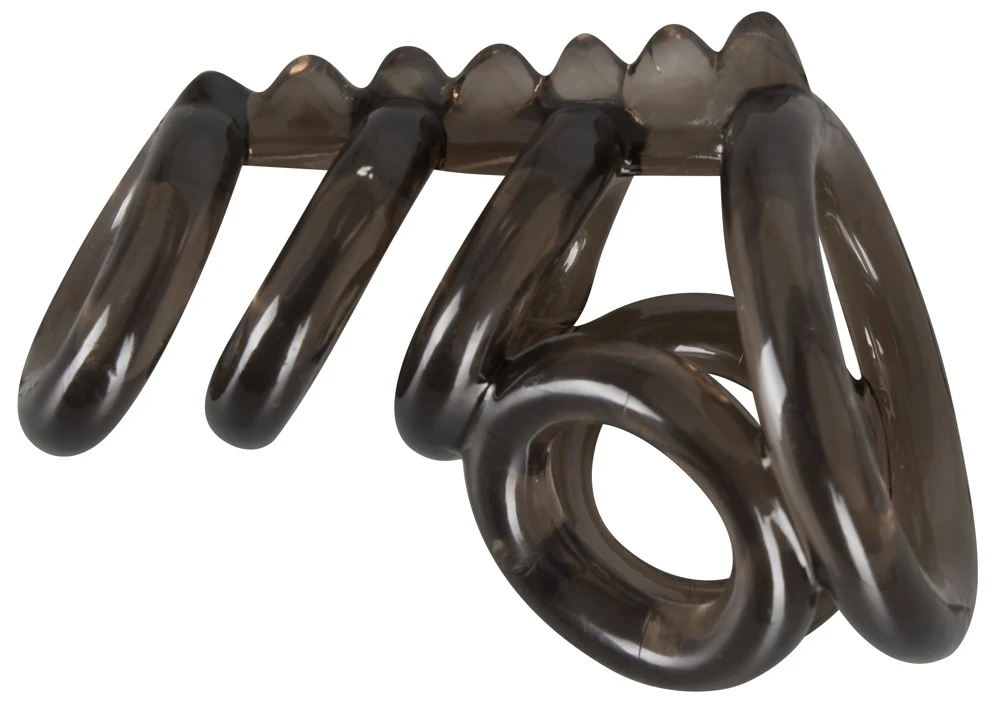 Rauchfarbener Penis-Hoden-Ring mit ingesamt sechs Ringen, die an einem genoppten Steg befestigt sind.