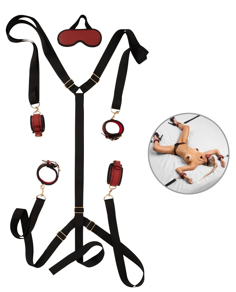 Bad Kitty Under Bed Restraint, Erotisches 6-teiliges Bettfessel-Set schwarz/rot Luxus Bondage Gurtkreuz 4-Punkt Fixierung mit Augenmaske verstellbar komfortabel
