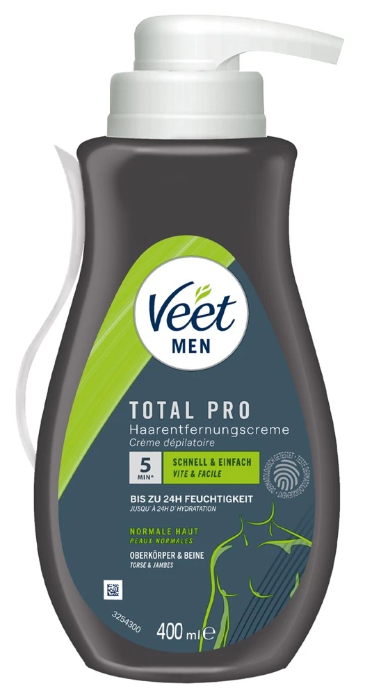 Veet Men TOTAL PRO Haarentfernungscreme für Oberkörper und Beine mit schneller Wirkung in 5–10 Minuten, glatter Haut, 24h Feuchtigkeit und weniger Stoppeln 400 ml