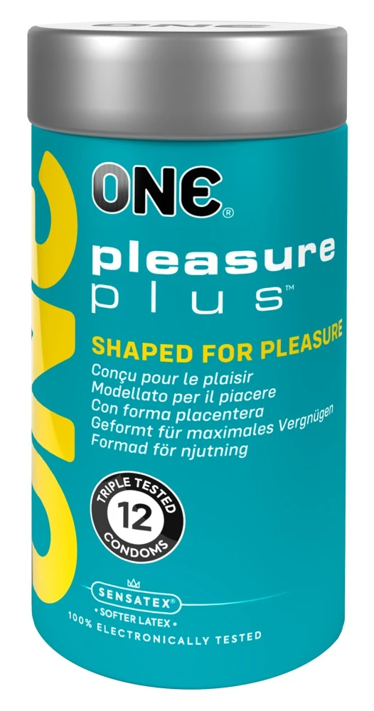 ONE Pleasure Plus 12er, ONE Kondom-Set Mixed Pleasures – 6 aufregende Sorten für heiße Nächte, befeuchtet, aus ultraweichem Sensatex-Latex, vegan und gentechnikfrei