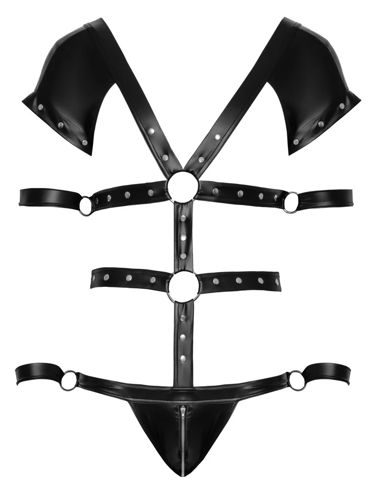 Body mit 4 Fesseln im Set von Svenjoyment BONDAGE. Edler schwarzer, nietenverzierter Mattlook in Harness-Optik mit kleinem Arm.